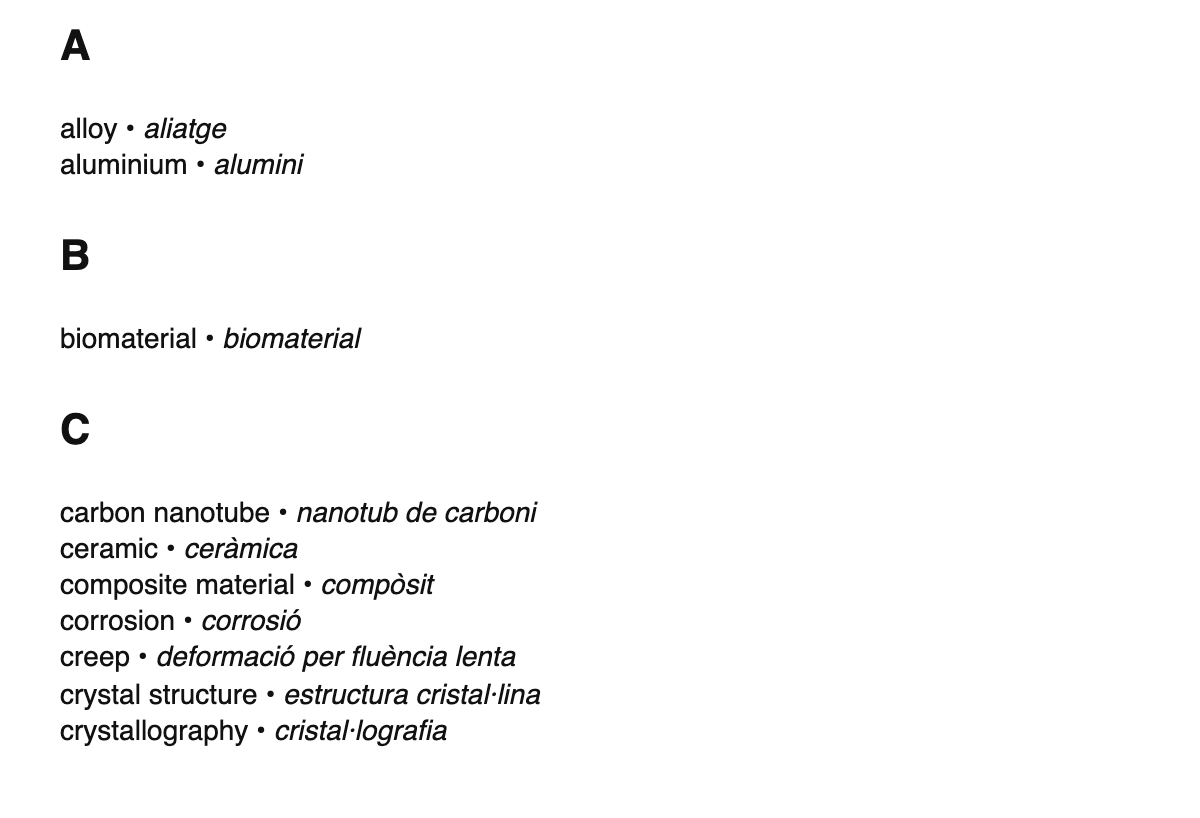 Materials science terms in Catalan