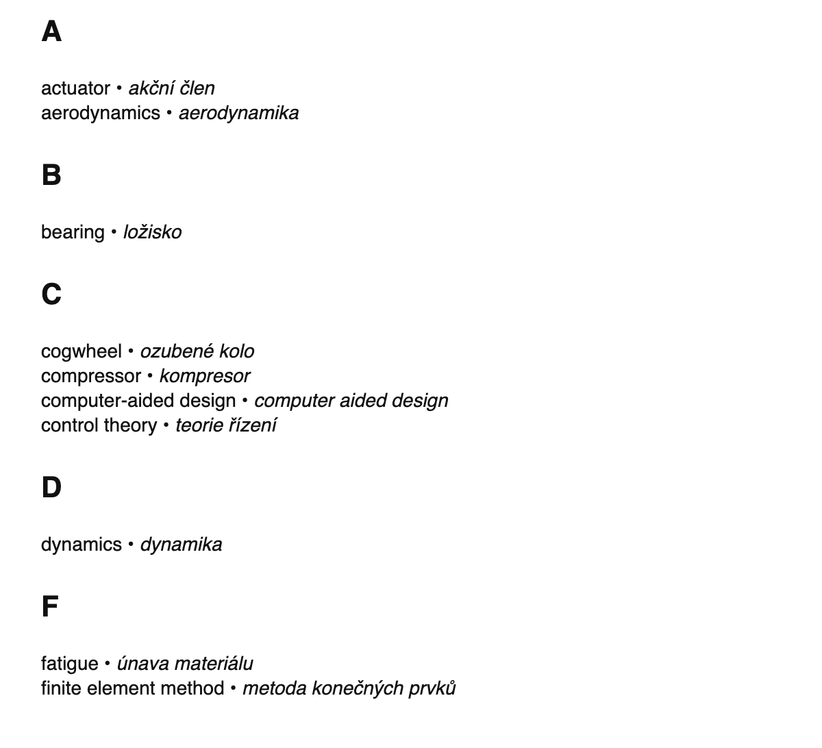 Mechanical engineering terms in Czech