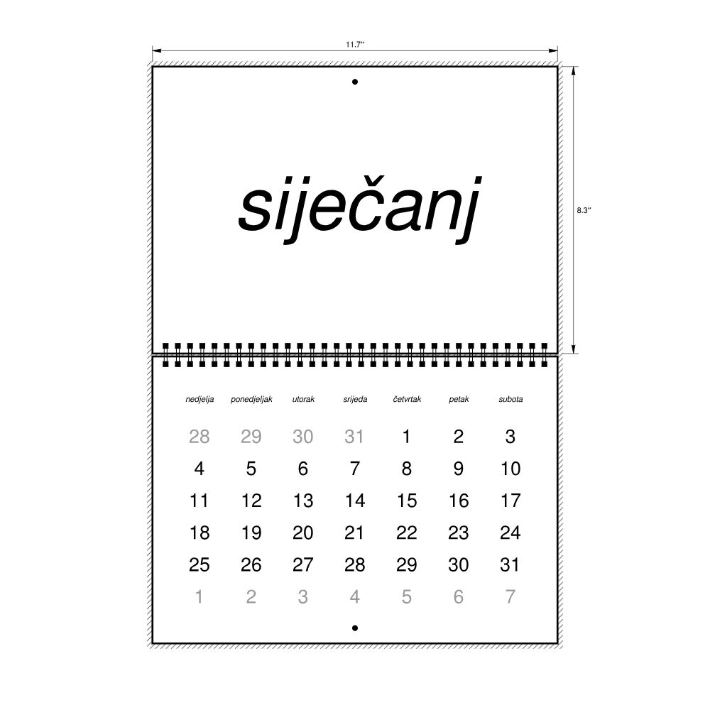Leskoff 2026 Wall Calendar, Croatian-Labeled, Sunday-Start Layout, Wire-Bound, 11.7 x 8.3 in (29.7 x 21.0 cm), image 2 of 2