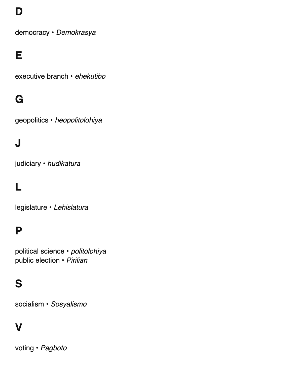 Political science terms in Central Bikol