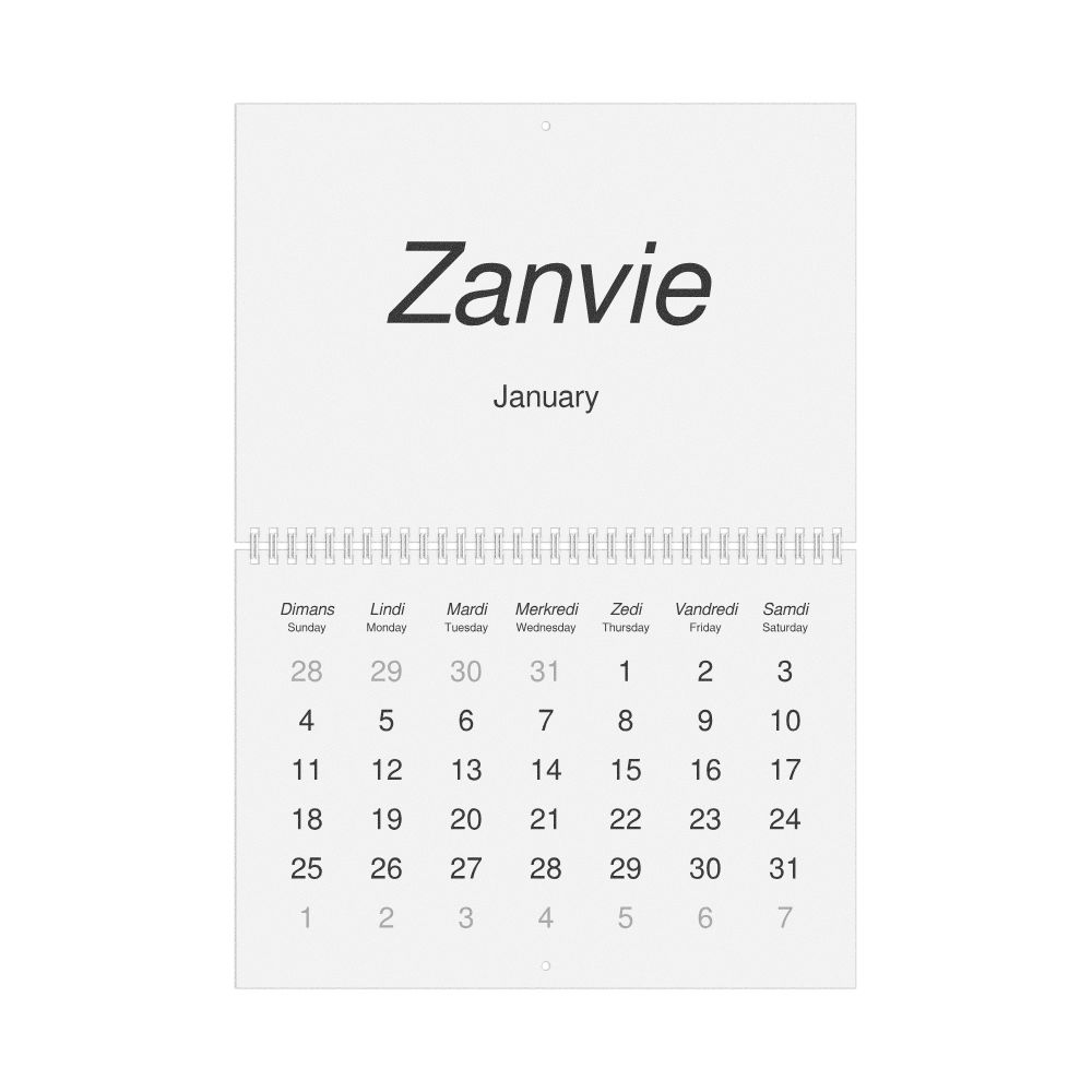 Leskoff 2026 Wall Calendar, Mauritian Creole/English-Labeled, Sunday-Start Layout, Wire-Bound, 11.7 x 8.3 in (29.7 x 21.0 cm), image 1 of 1