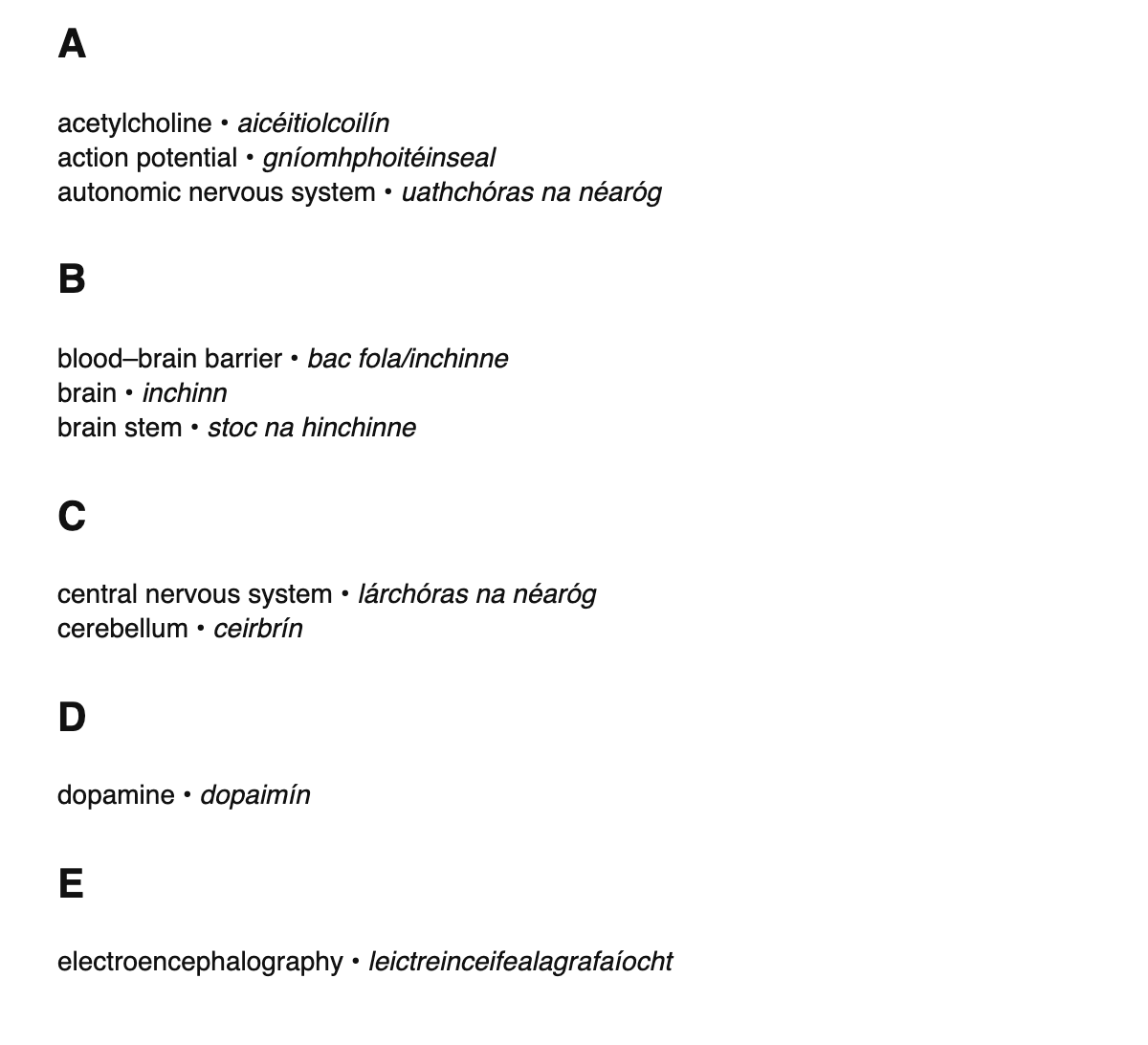 Neuroscience terms in Irish