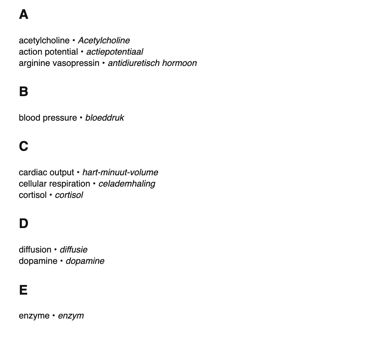 Physiology terms in Dutch
