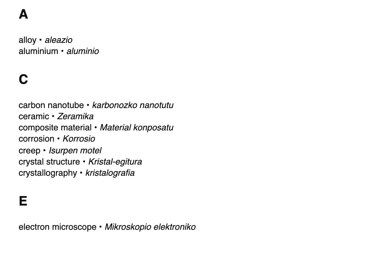 Materials science terms in Basque