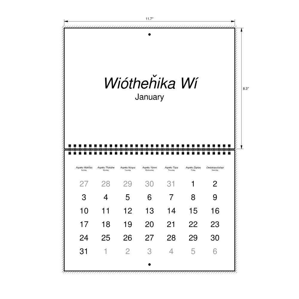 Leskoff 2027 Wall Calendar, Lakota/English-Labeled, Sunday-Start Layout, Wire-Bound, 11.7 x 8.3 in (29.7 x 21.0 cm), image 2 of 2