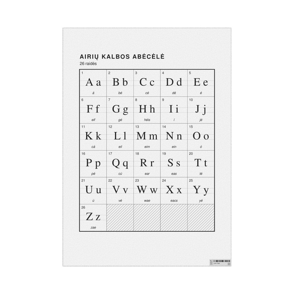 Leskoff Irish Alphabet Chart, 23.4 x 33.1 in (59.4 x 84.1 cm, Poster / Wall Chart), Lithuanian-Labeled, image 1 of 2
