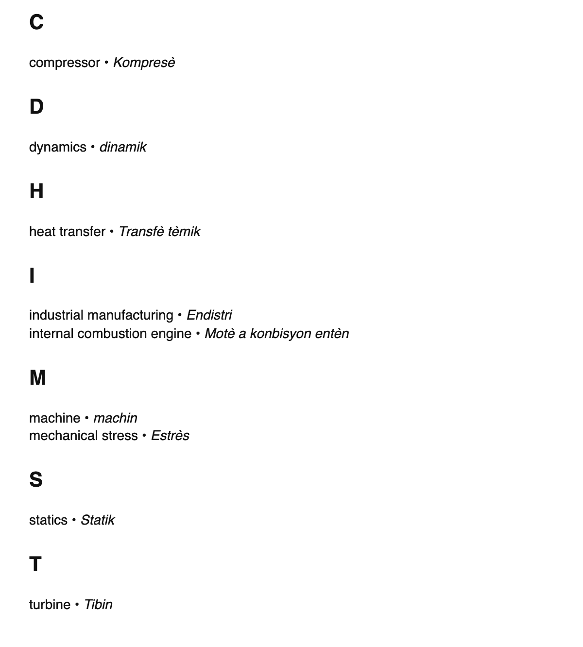 Mechanical engineering terms in Haitian Creole