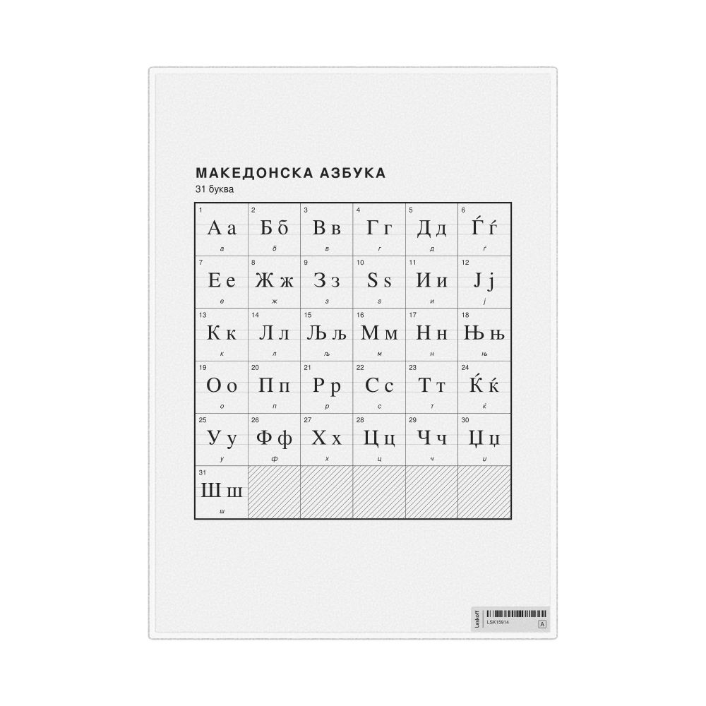 Leskoff Macedonian Alphabet Chart, 8.3 x 11.7 in (21.0 x 29.7 cm, Desk Chart, Laminated), Macedonian-Labeled, image 1 of 2