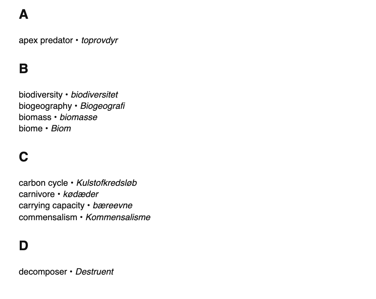 Ecology terms in Danish