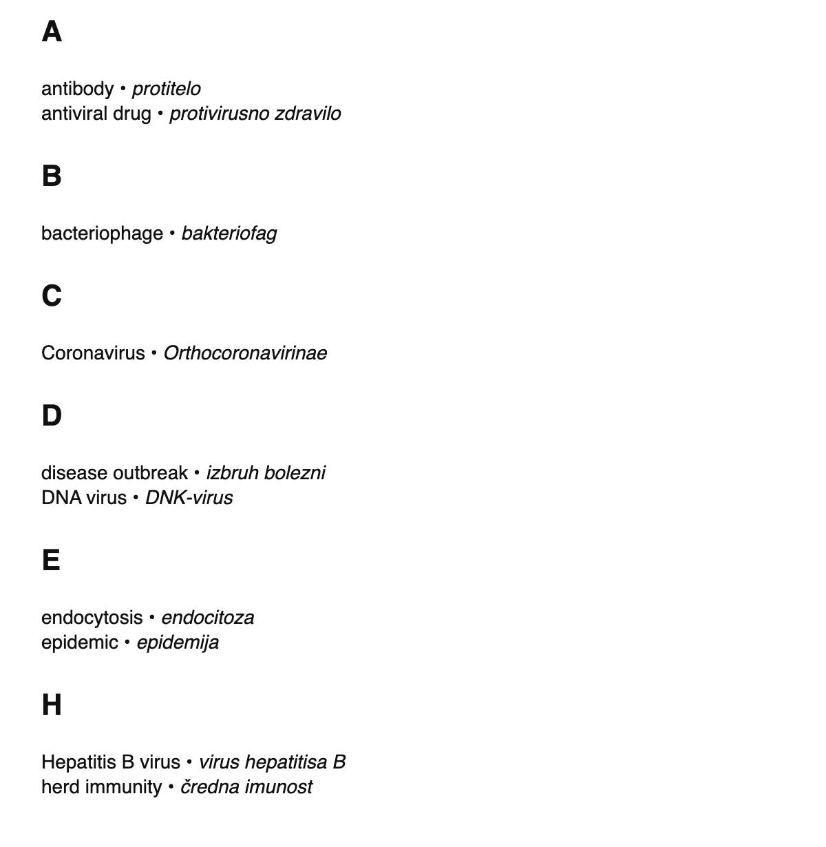 Virology terms in Slovene