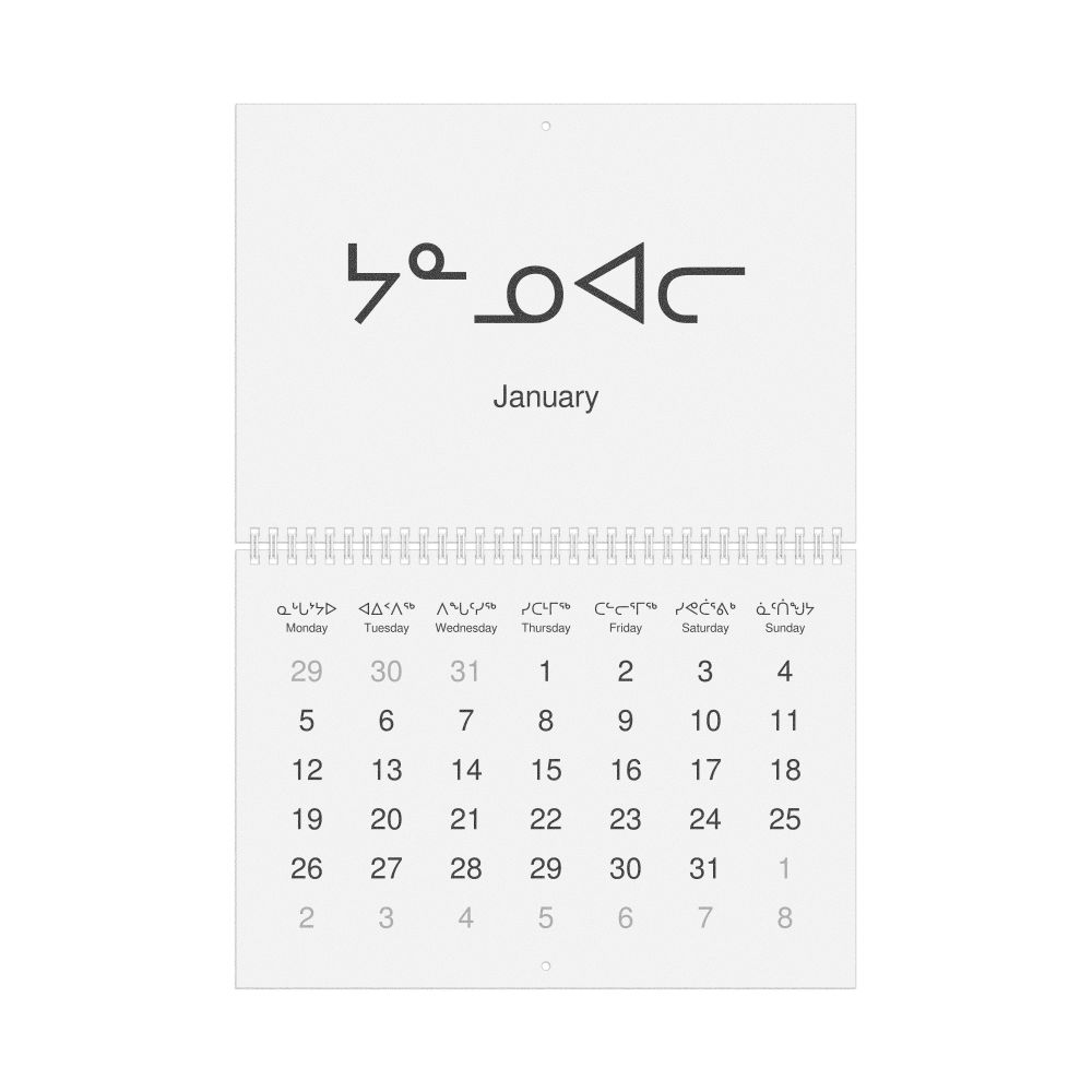 Leskoff 2026 Wall Calendar, Inuktitut/English-Labeled, Monday-Start Layout, Wire-Bound, 11.7 x 8.3 in (29.7 x 21.0 cm), image 1 of 1