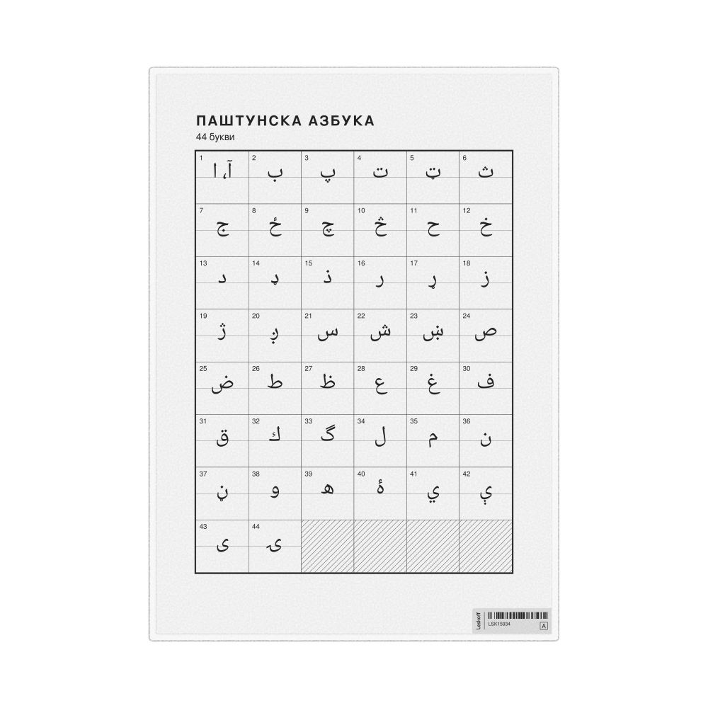 Leskoff Pashto Alphabet Chart, 8.3 x 11.7 in (21.0 x 29.7 cm, Desk Chart, Laminated), Macedonian-Labeled, image 1 of 2