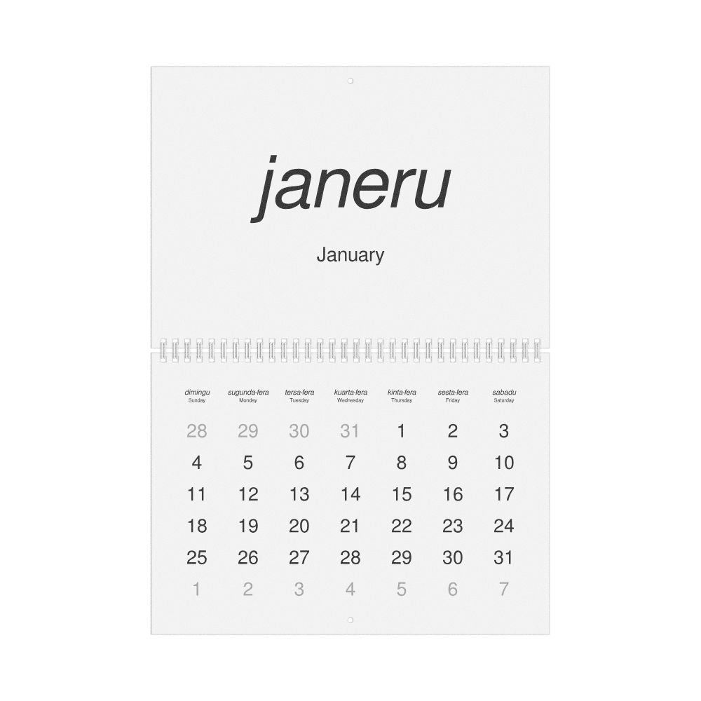 Leskoff 2026 Wall Calendar, Guinea-Bissau Creole/English-Labeled, Sunday-Start Layout, Wire-Bound, 11.7 x 8.3 in (29.7 x 21.0 cm), image 1 of 1