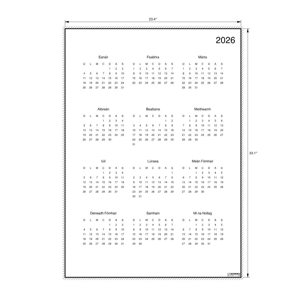 Leskoff 2026 Wall Calendar, Irish-Labeled, Sunday-Start Layout, Poster / Wall Print, 23.4 x 33.1 in (59.4 x 84.1 cm), image 2 of 2