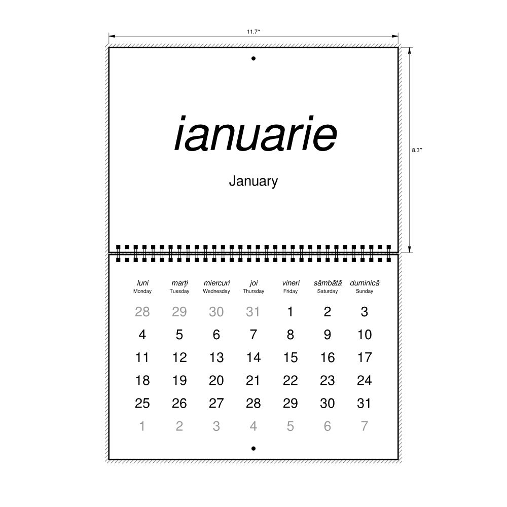 Leskoff 2027 Wall Calendar, Romanian/English-Labeled, Monday-Start Layout, Wire-Bound, 11.7 x 8.3 in (29.7 x 21.0 cm), image 2 of 2