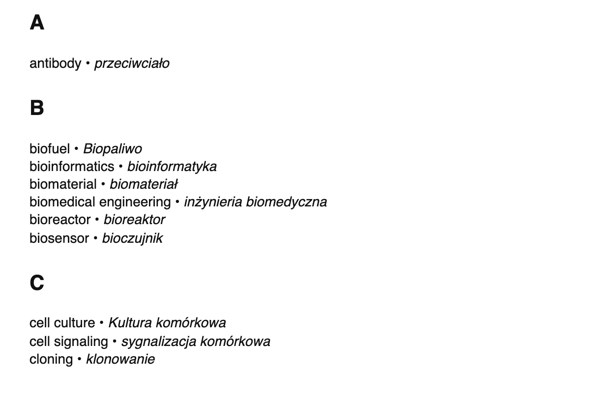 Bioengineering terms in Polish