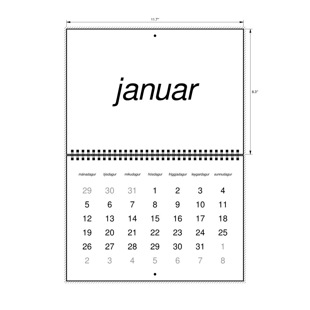 Leskoff 2026 Wall Calendar, Faroese-Labeled, Monday-Start Layout, Wire-Bound, 11.7 x 8.3 in (29.7 x 21.0 cm), image 2 of 2
