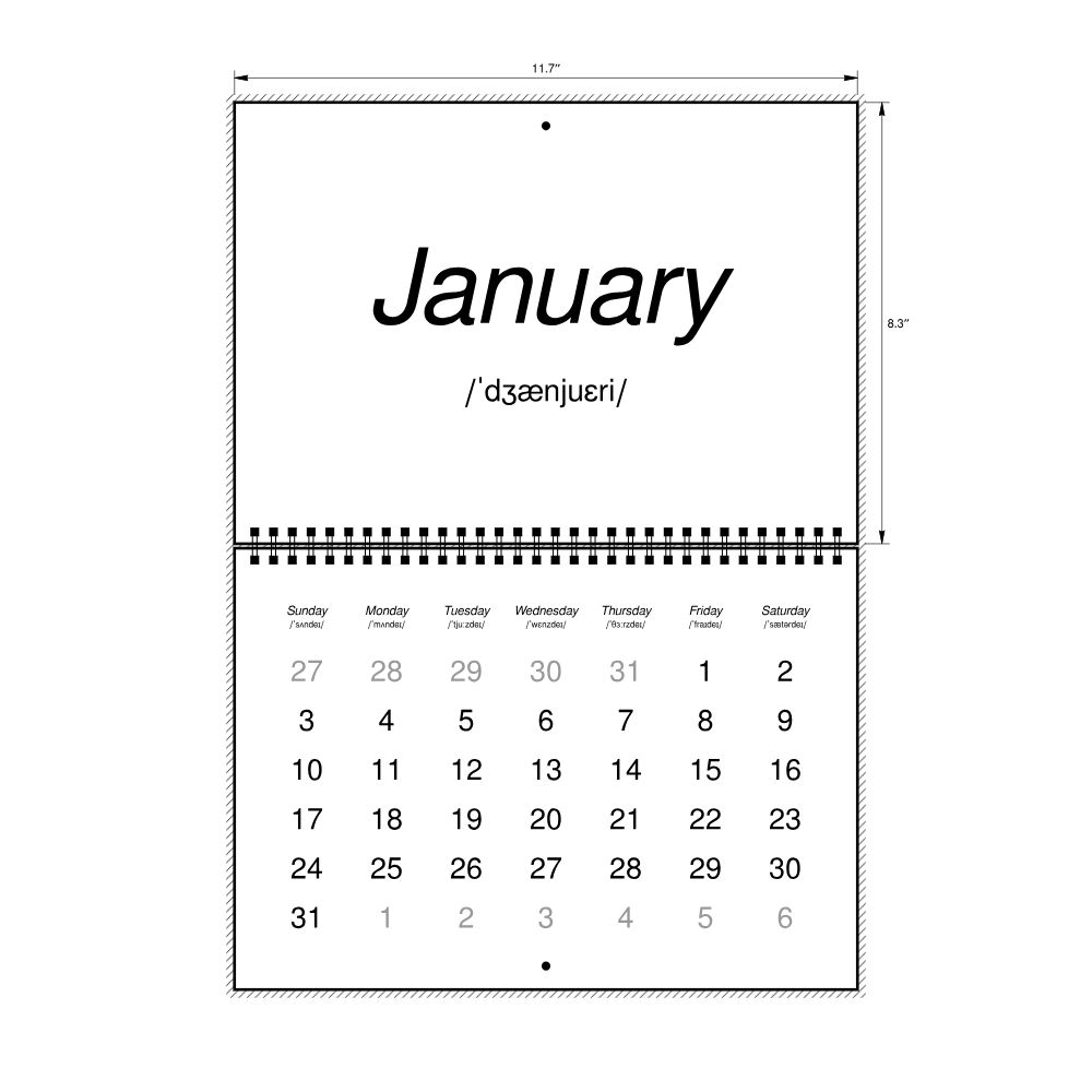 Leskoff 2027 Phonetic Wall Calendar, English-Labeled with IPA, Sunday-Start Layout, Wire-Bound, 11.7 x 8.3 in (29.7 x 21.0 cm), image 2 of 2