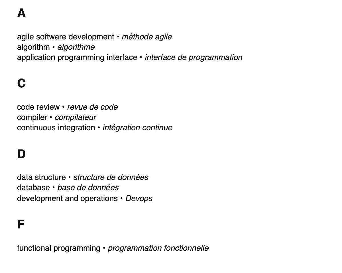 Software engineering terms in French