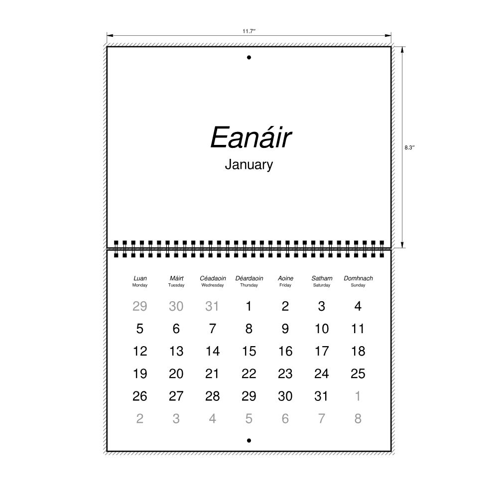 Leskoff 2026 Wall Calendar, Irish/English-Labeled, Monday-Start Layout, Wire-Bound, 11.7 x 8.3 in (29.7 x 21.0 cm), image 2 of 2