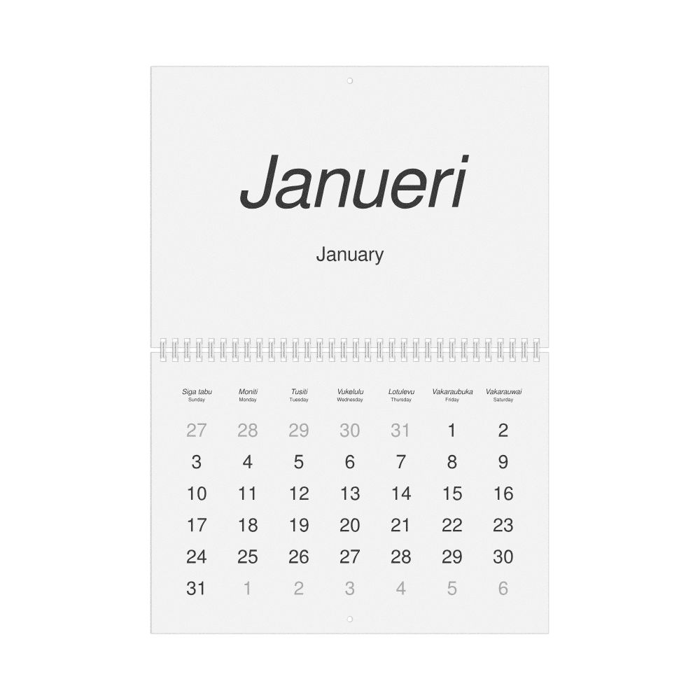 Leskoff 2027 Wall Calendar, Fijian/English-Labeled, Sunday-Start Layout, Wire-Bound, 11.7 x 8.3 in (29.7 x 21.0 cm), image 1 of 1
