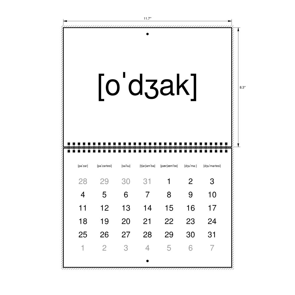 Leskoff 2026 Phonetic Wall Calendar, IPA-Labeled (Turkish), Sunday-Start Layout, Wire-Bound, 11.7 x 8.3 in (29.7 x 21.0 cm), image 2 of 2