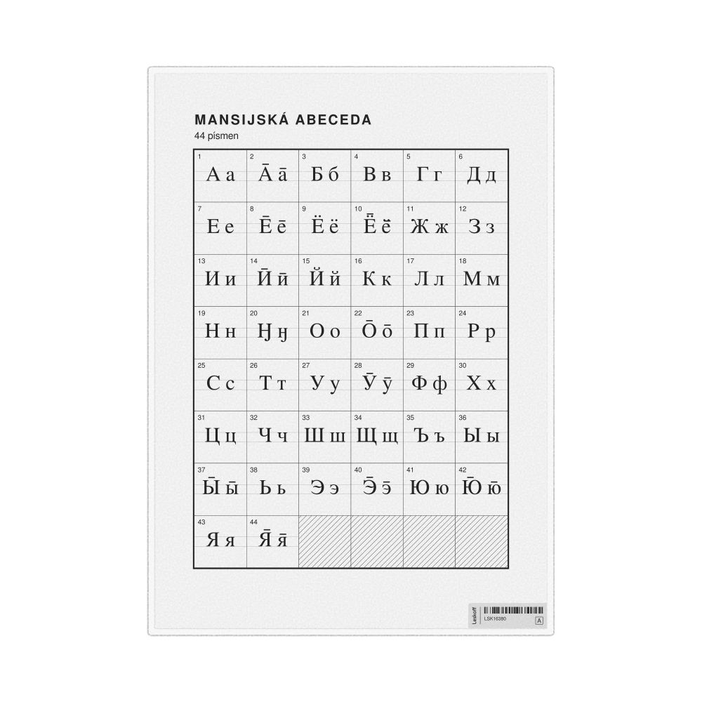Leskoff Mansi Alphabet Chart, 8.3 x 11.7 in (21.0 x 29.7 cm, Desk Chart, Laminated), Czech-Labeled, image 1 of 2