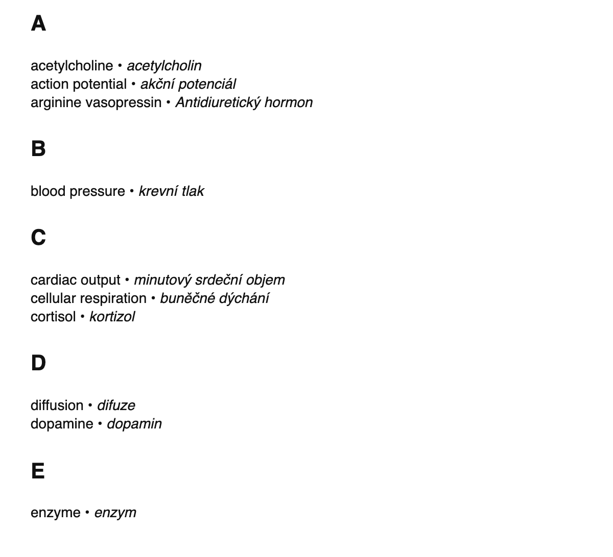 Physiology terms in Czech