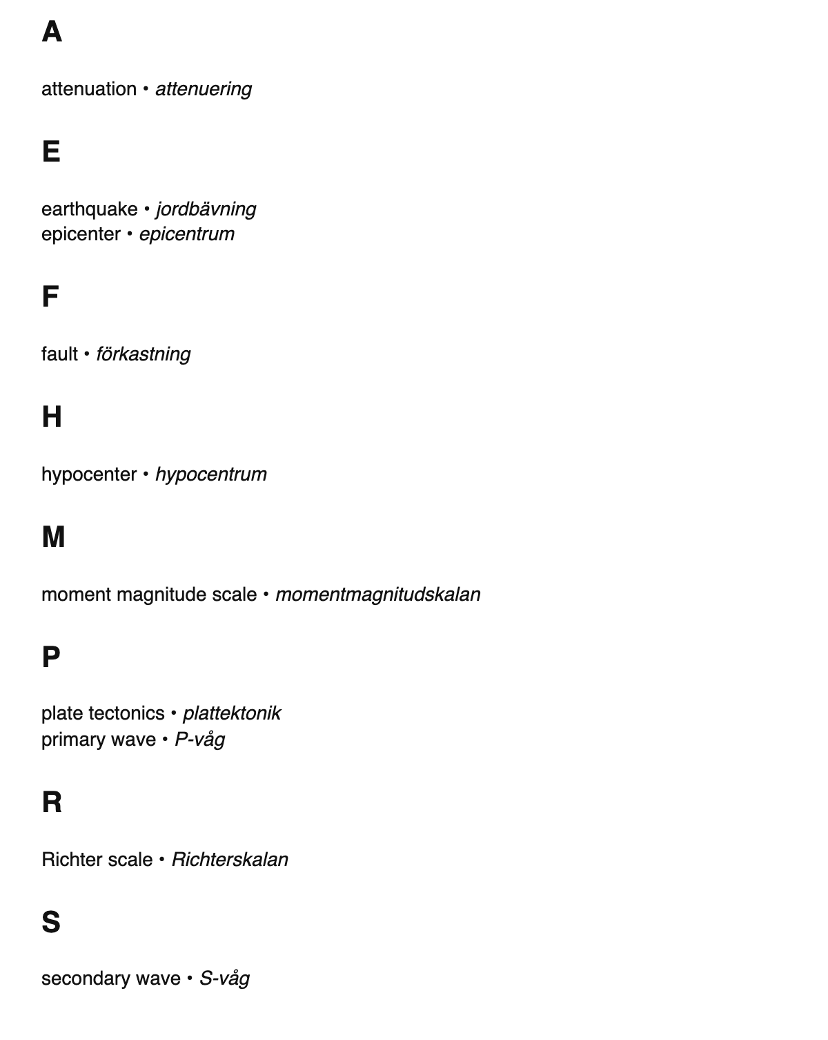 Seismology terms in Swedish