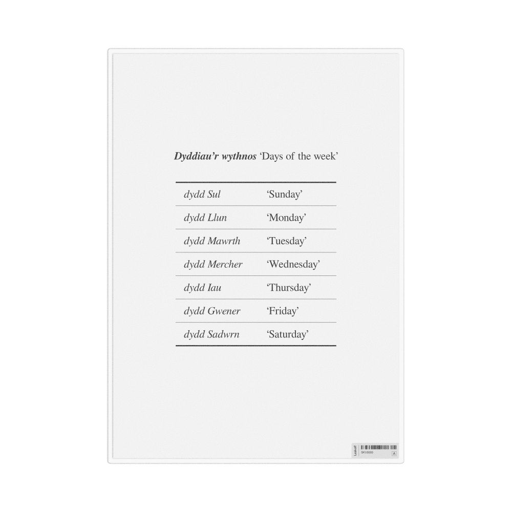 Leskoff Days of the Week in Welsh, Desk Chart, 8.3 x 11.7 in (21.0 x 29.7 cm), image 1 of 1