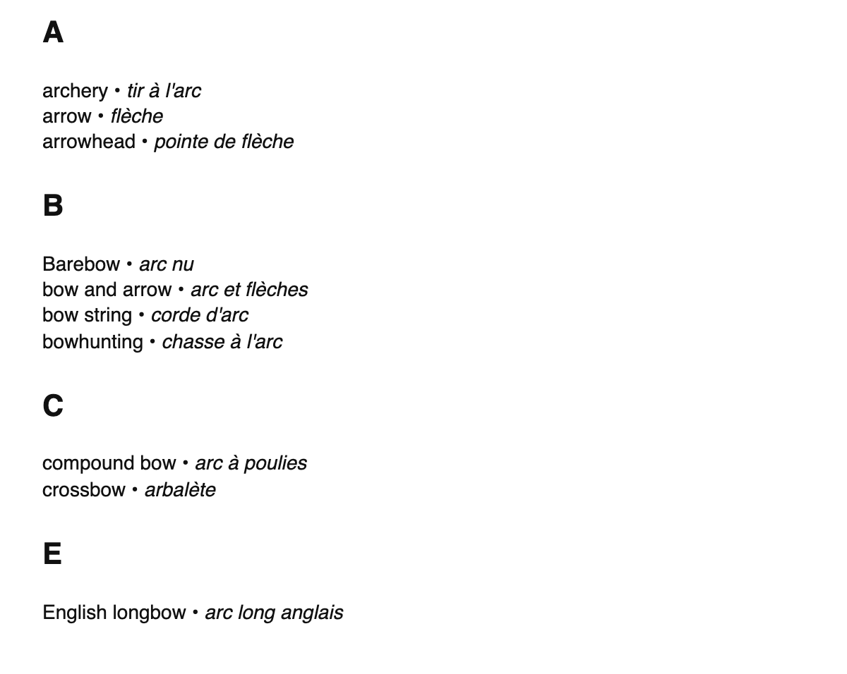 Archery terms in French