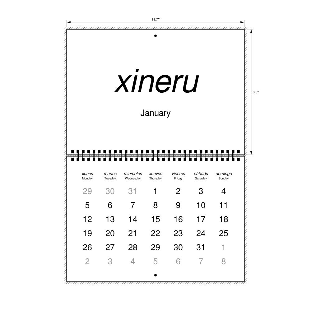 Leskoff 2026 Wall Calendar, Asturian/English-Labeled, Monday-Start Layout, Wire-Bound, 11.7 x 8.3 in (29.7 x 21.0 cm), image 2 of 2