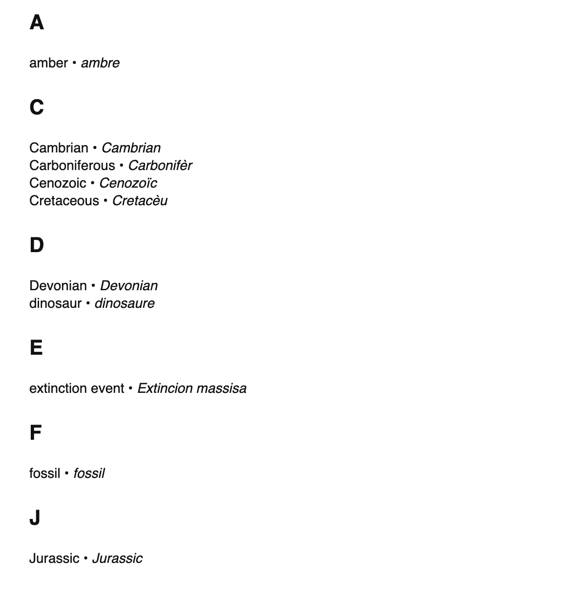Paleontology terms in Occitan