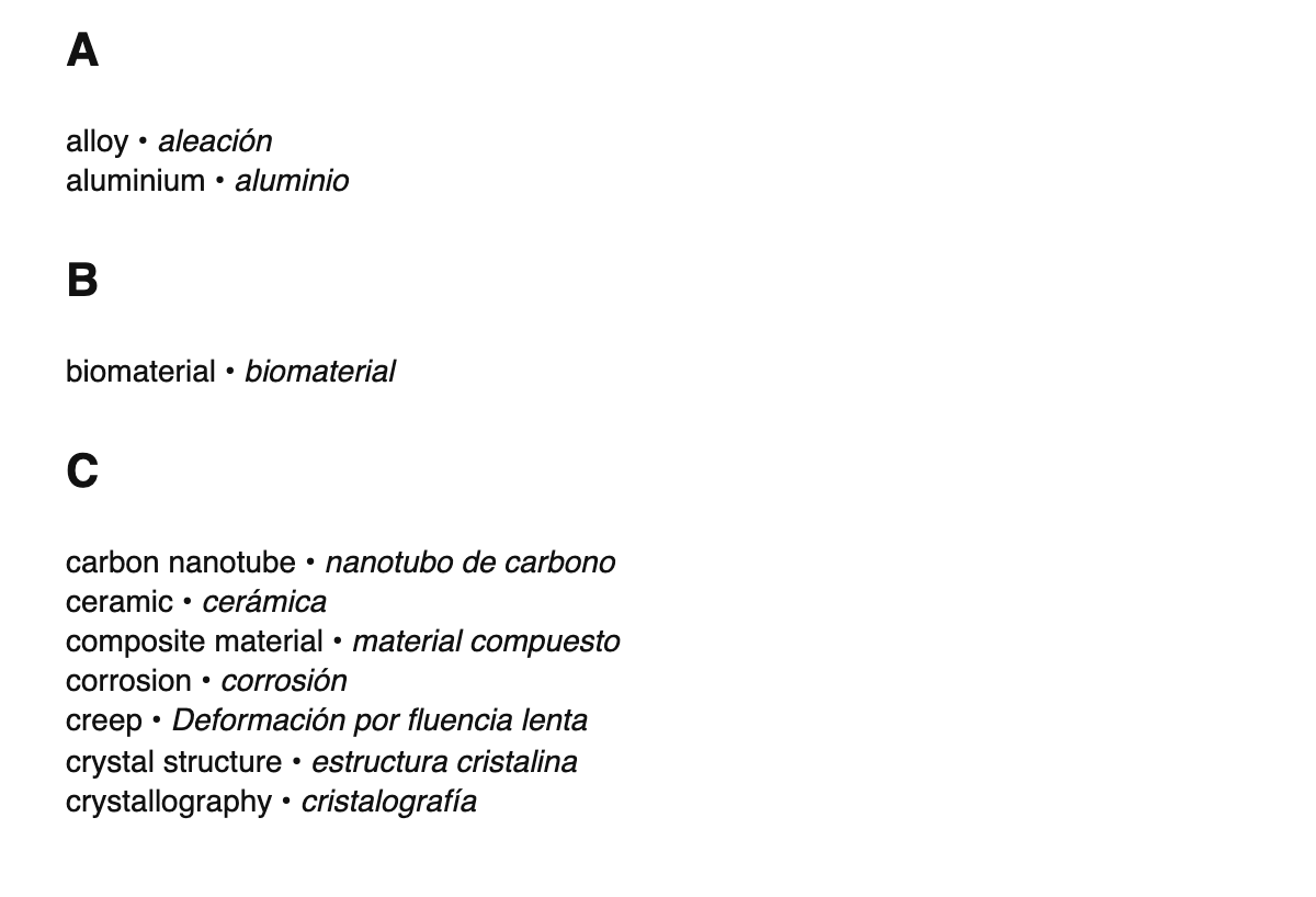 Materials science terms in Spanish