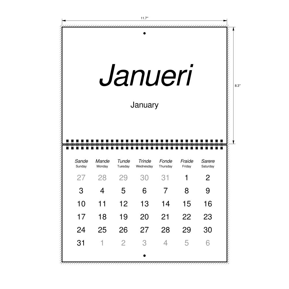 Leskoff 2027 Wall Calendar, Tok Pisin/English-Labeled, Sunday-Start Layout, Wire-Bound, 11.7 x 8.3 in (29.7 x 21.0 cm), image 2 of 2