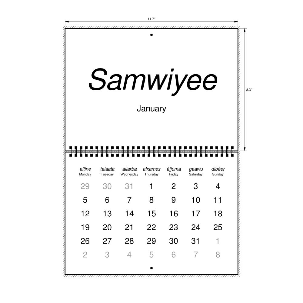 Leskoff 2026 Wall Calendar, Wolof/English-Labeled, Monday-Start Layout, Wire-Bound, 11.7 x 8.3 in (29.7 x 21.0 cm), image 2 of 2