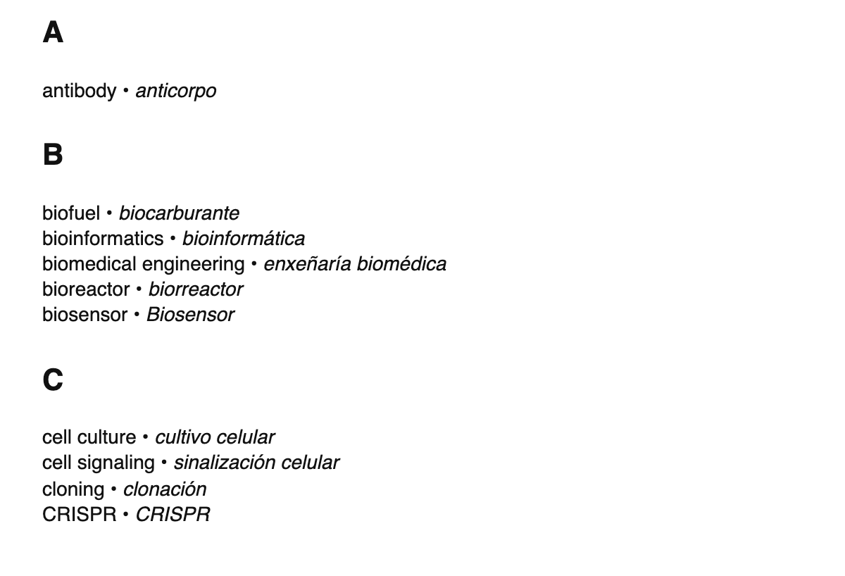 Bioengineering terms in Galician