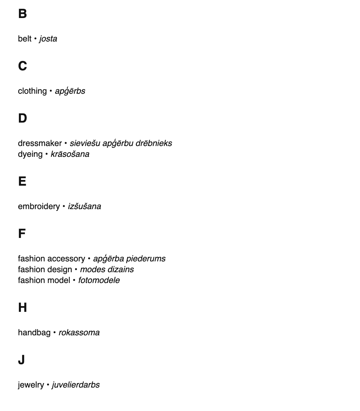 Fashion design terms in Latvian
