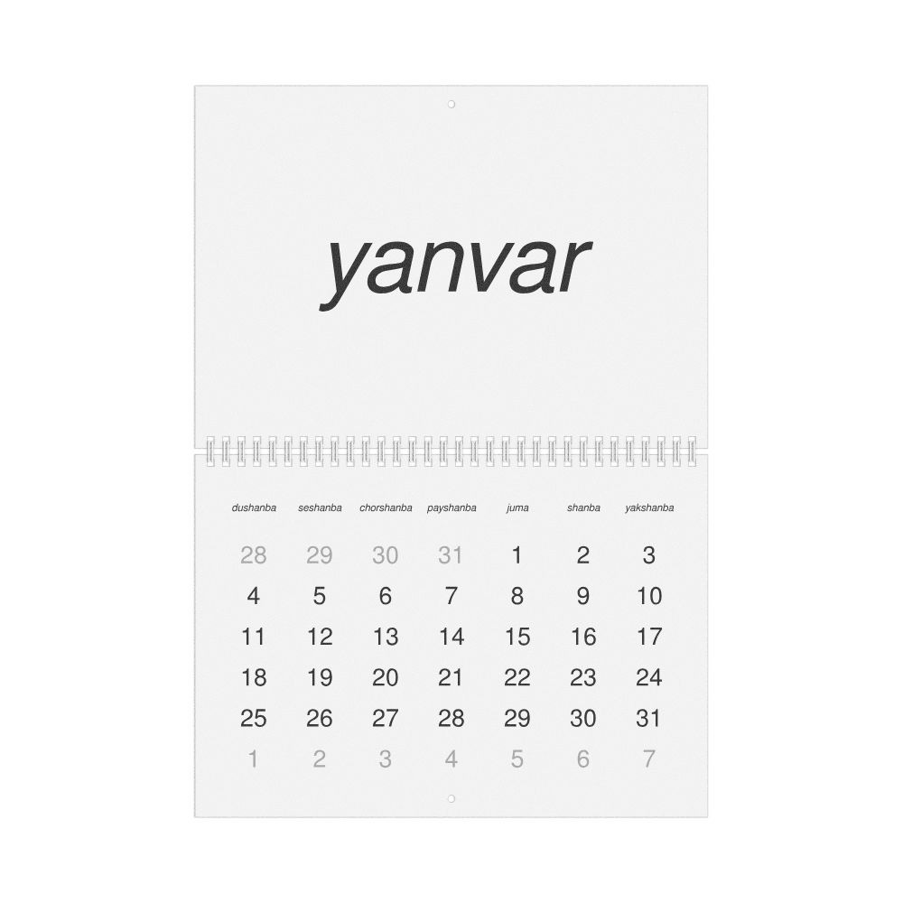 Leskoff 2027 Wall Calendar, Uzbek (Latin)-Labeled, Monday-Start Layout, Wire-Bound, 11.7 x 8.3 in (29.7 x 21.0 cm), image 1 of 1