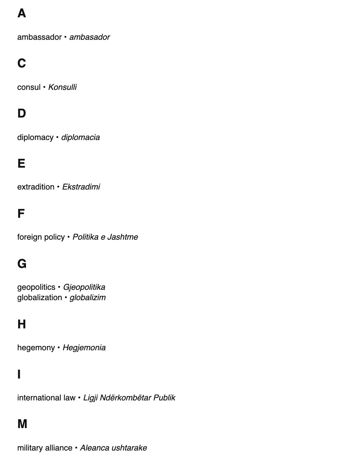 International relations terms in Albanian