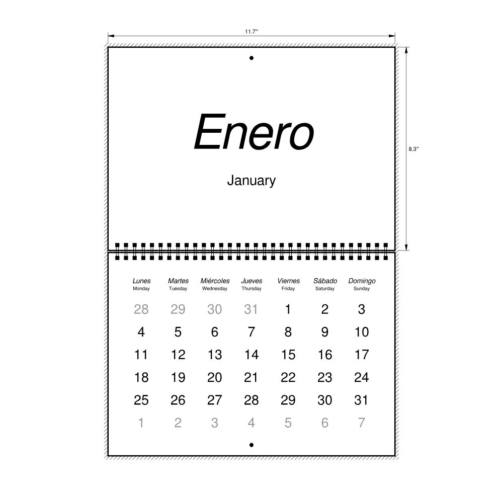 Leskoff 2027 Wall Calendar, Quechua/English-Labeled, Monday-Start Layout, Wire-Bound, 11.7 x 8.3 in (29.7 x 21.0 cm), image 2 of 2