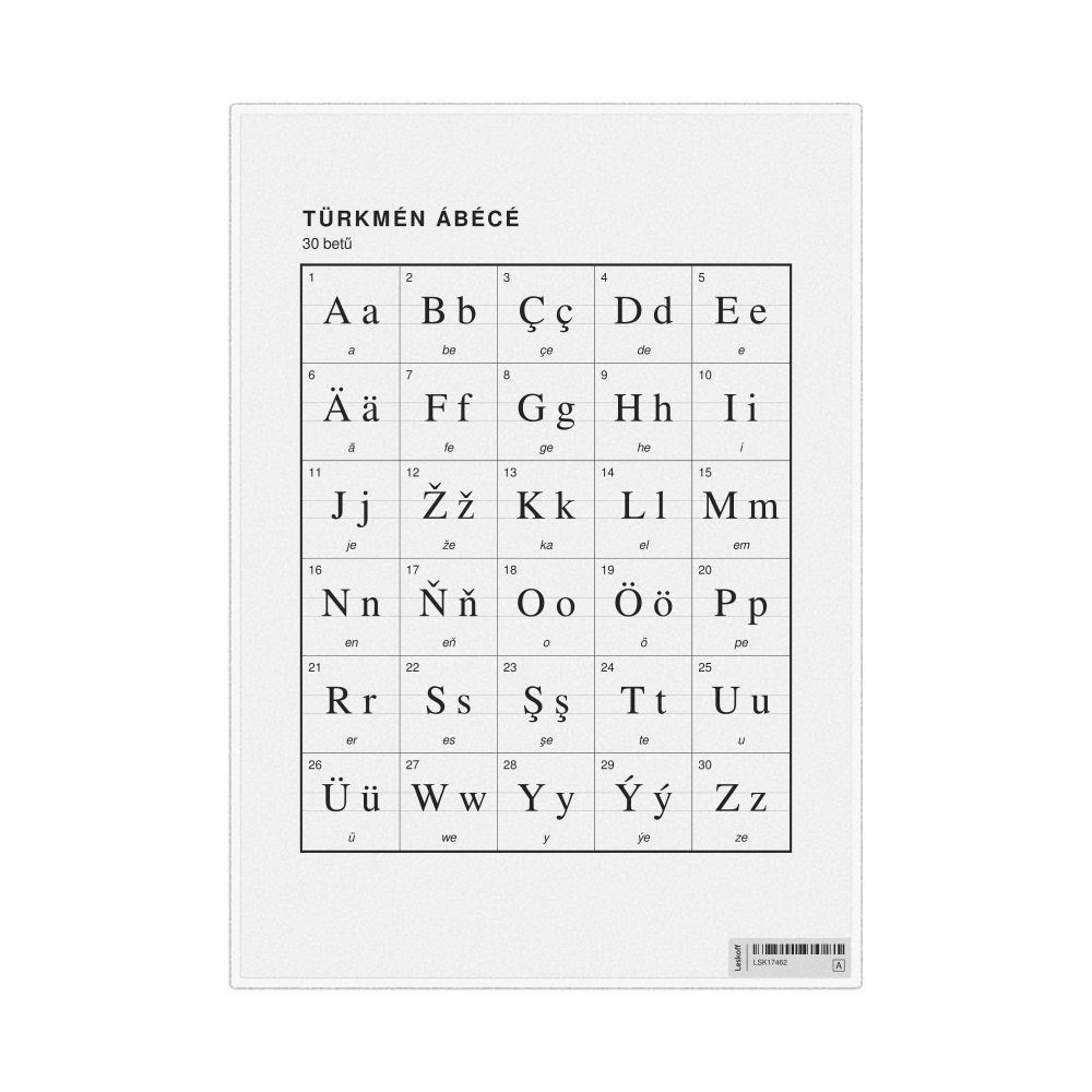 Leskoff Turkmen Alphabet Chart, 8.3 x 11.7 in (21.0 x 29.7 cm, Desk Chart, Laminated), Hungarian-Labeled, image 1 of 2