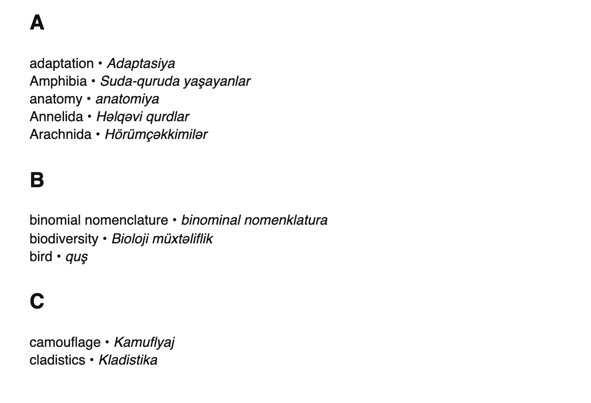 Zoology terms in Azerbaijani