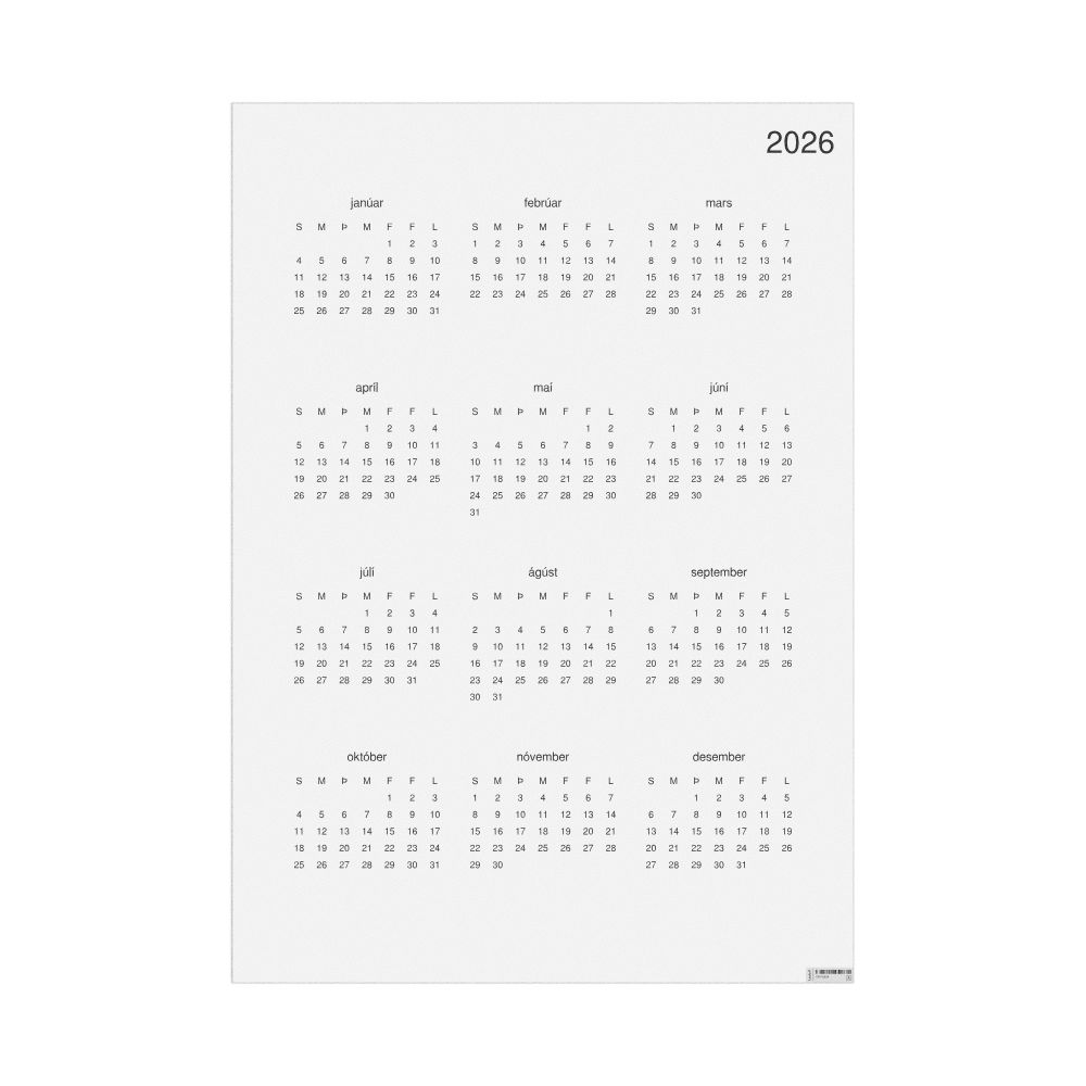 Leskoff 2026 Wall Calendar, Icelandic-Labeled, Sunday-Start Layout, Poster / Wall Print, 23.4 x 33.1 in (59.4 x 84.1 cm), image 1 of 1