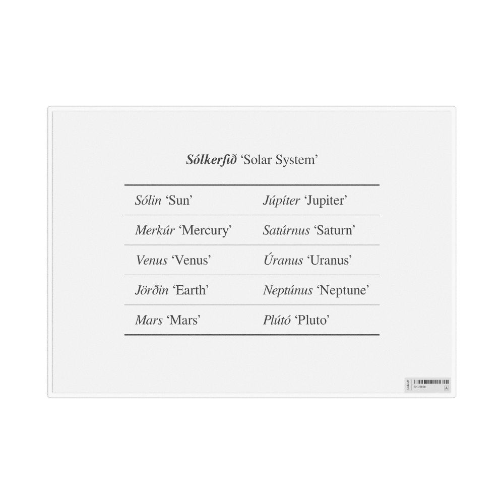 Leskoff Solar System in Icelandic, Desk Chart, 11.7 x 8.3 in (29.7 x 21.0 cm), image 1 of 1