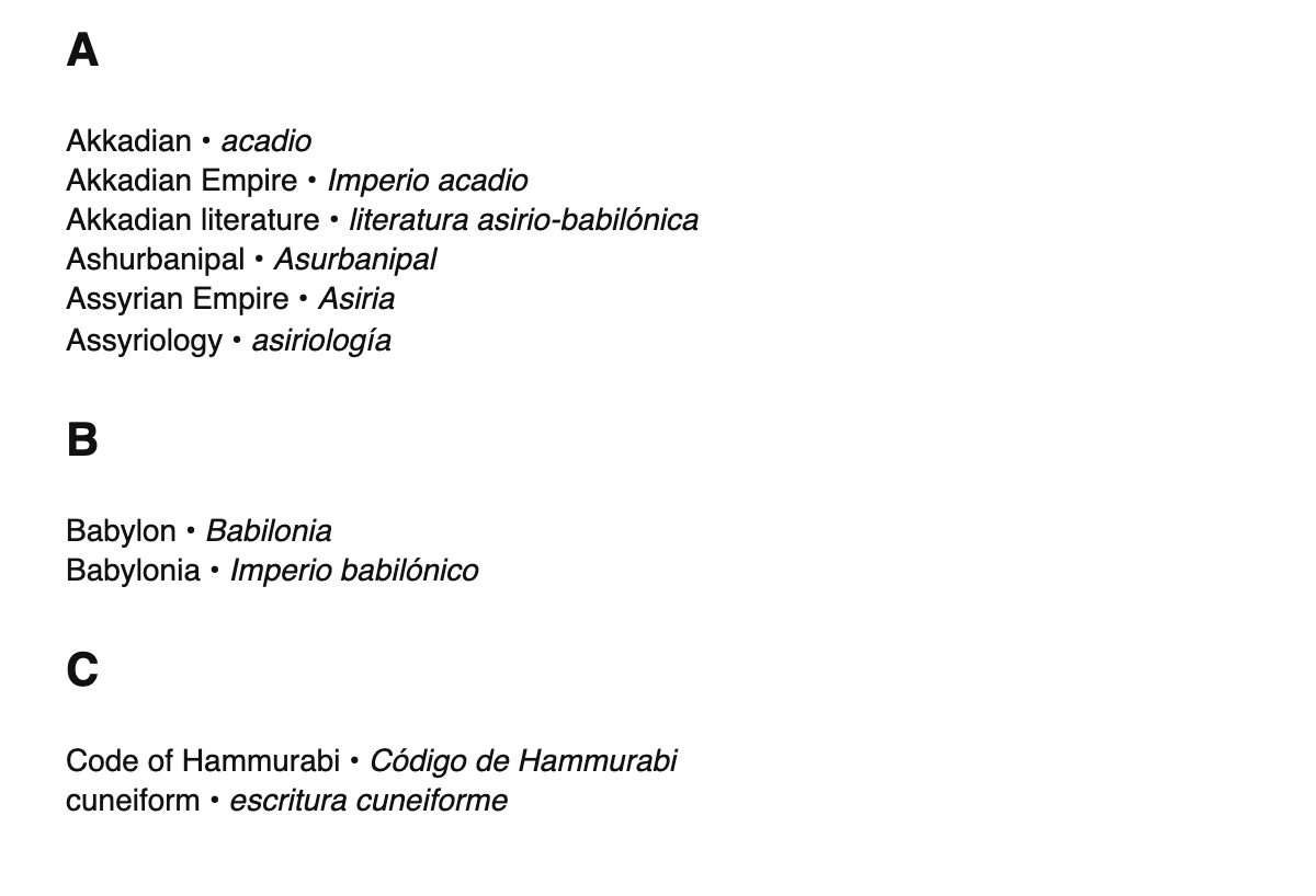 Assyriology terms in Spanish
