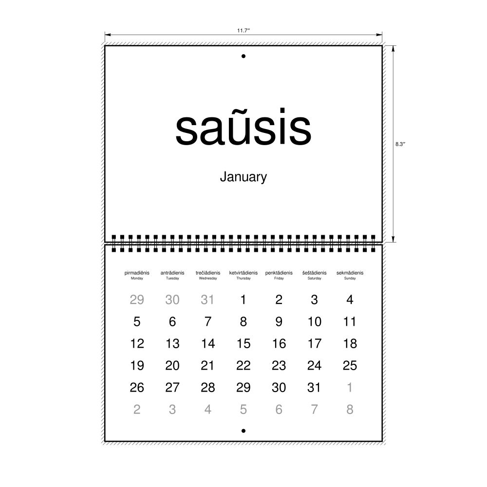Leskoff 2026 Wall Calendar, Lithuanian (accented)/English-Labeled, Monday-Start Layout, Wire-Bound, 11.7 x 8.3 in (29.7 x 21.0 cm), image 1 of 1