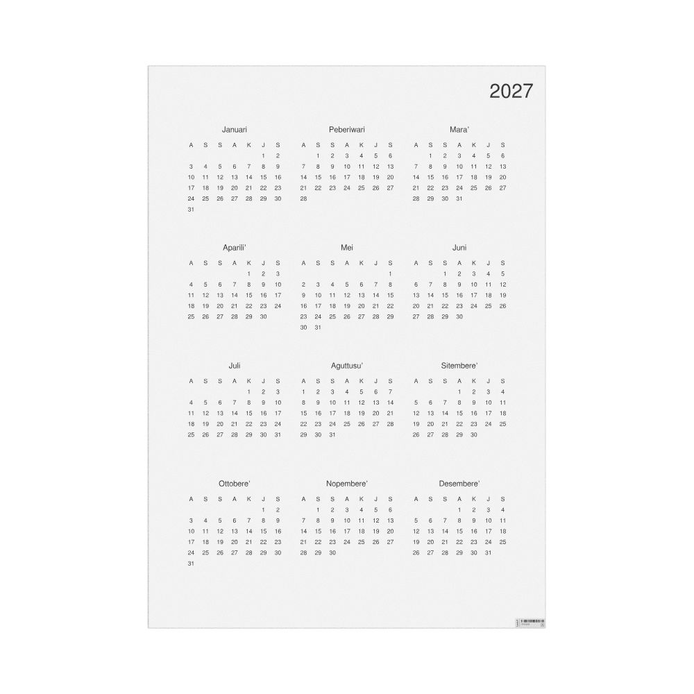 Leskoff 2027 Wall Calendar, Makassarese-Labeled, Sunday-Start Layout, Poster / Wall Print, 23.4 x 33.1 in (59.4 x 84.1 cm), image 1 of 1
