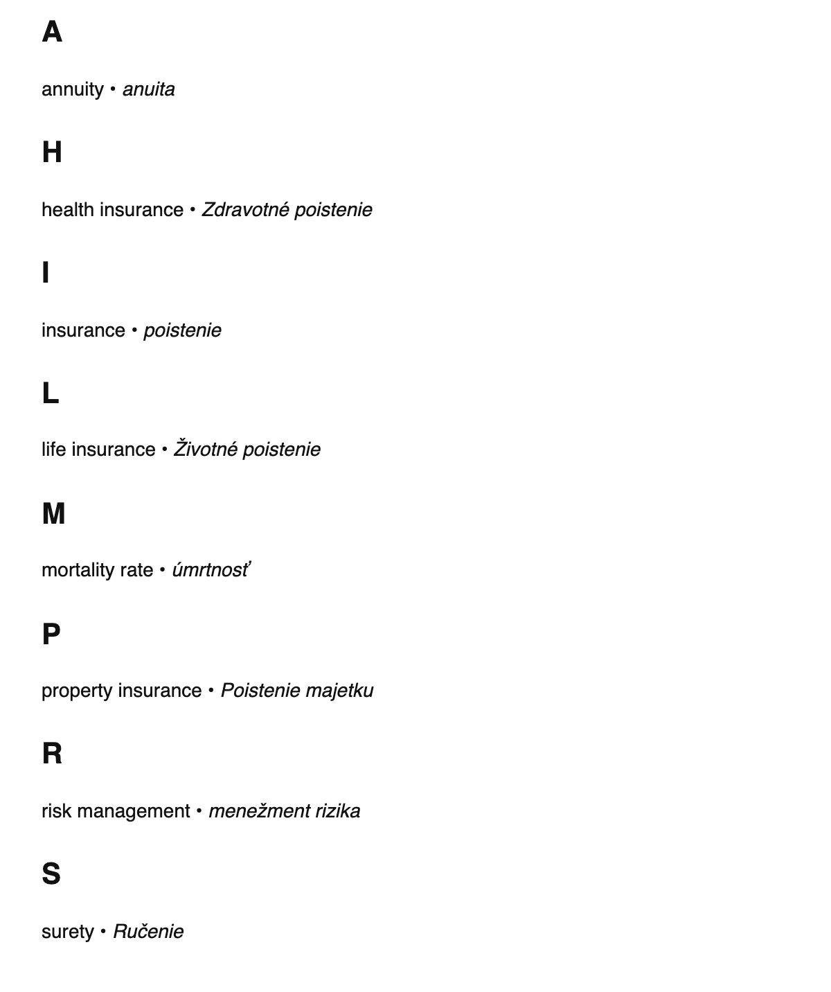 Insurance terms in Slovak