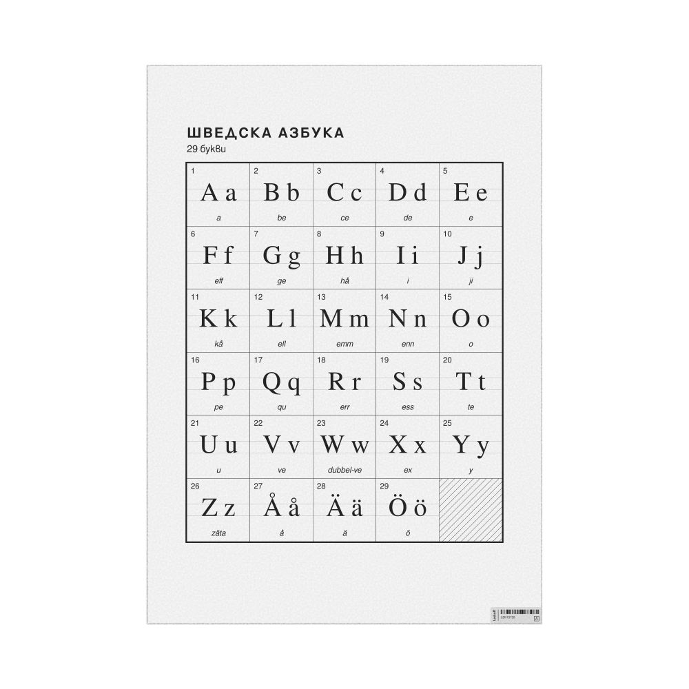 Leskoff Swedish Alphabet Chart, 23.4 x 33.1 in (59.4 x 84.1 cm, Poster / Wall Chart), Bulgarian-Labeled, image 1 of 2
